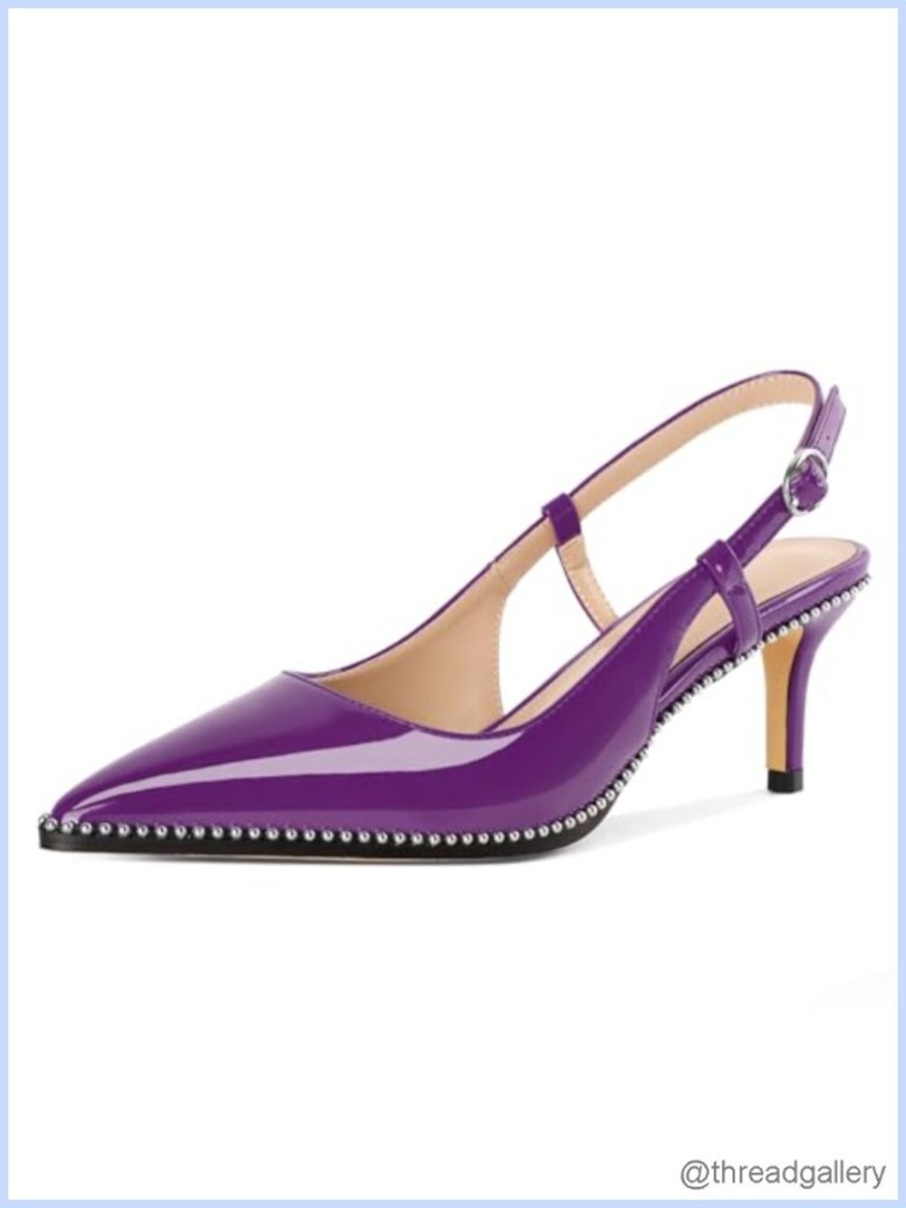 Kitten Heel Slingback Pumps Pointed Toe Beaded Faux Leather Dress Shoes